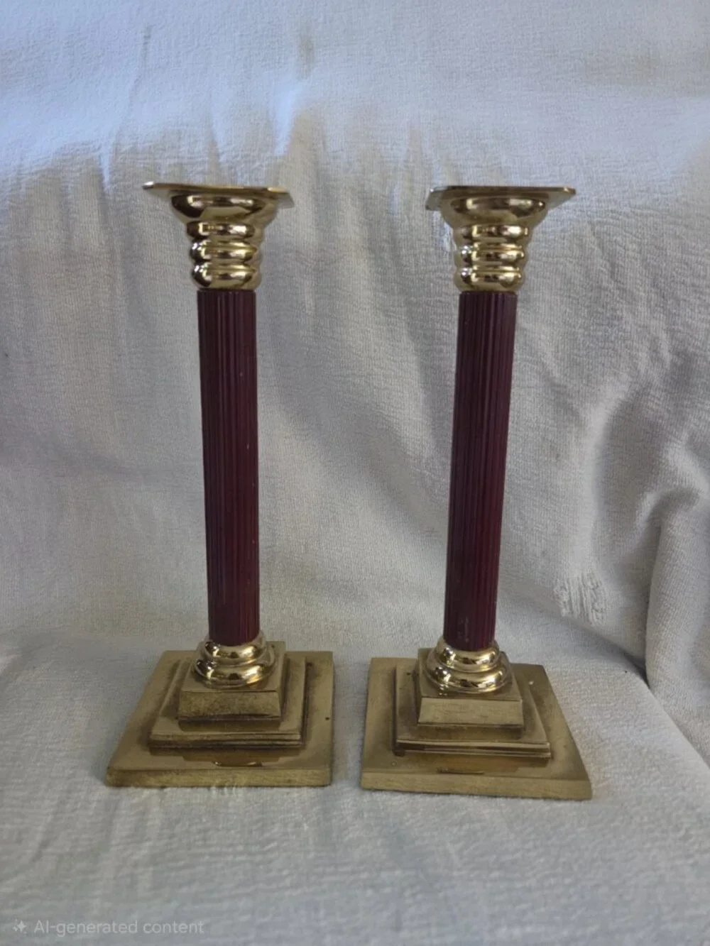 Vintage Brass Burgundy Column Candlestick Holders Pair Neoclassical Regency 7.5